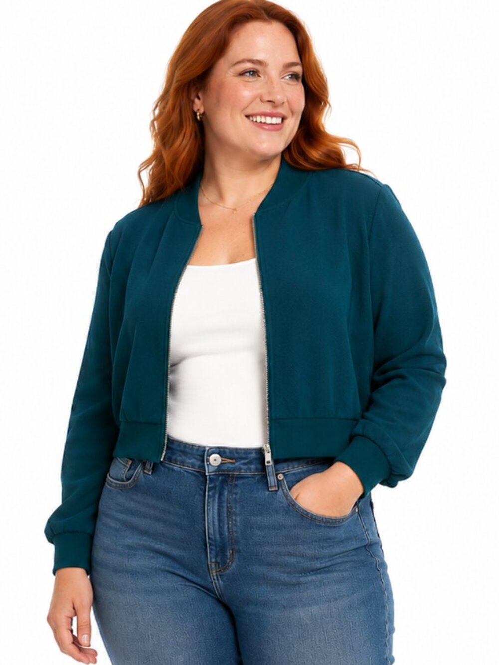 SHEIN Curve 1XL - Dark Teal/Blue-Green Crop Bomber Style Zip-up Jacket -